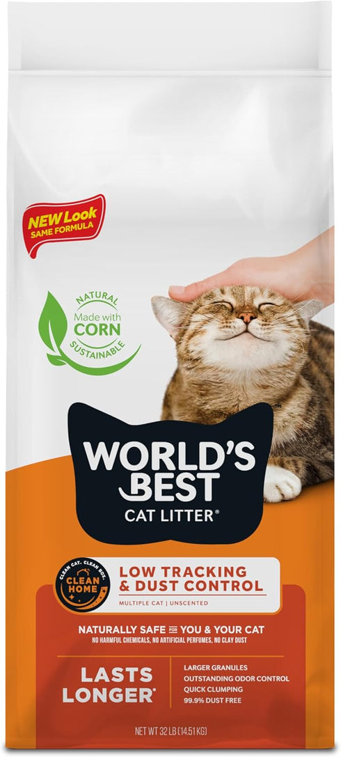 WORLD'S BEST CAT LITTER Low Tracking & Dust Control, 32-Pounds, Unscented, Quick Clumping, Flushable