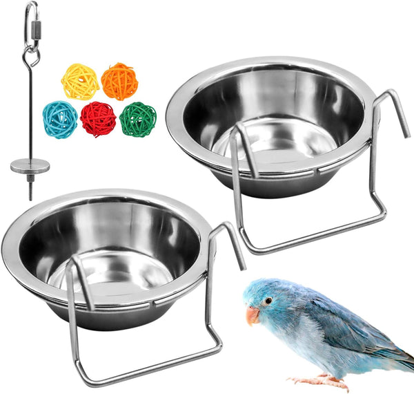 2 Pack Stainless Steel Bird Feeder Bowls, Coop Cups with Wire Hook, Parrot Feeding Dish for Finches Lovebirds