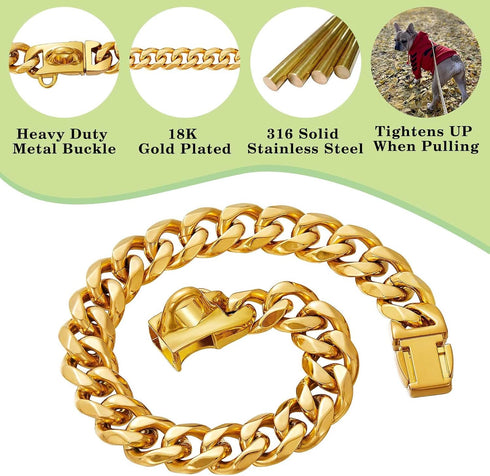 Stainless Steel Gold Dog Collars with Safety Buckle Lock, 18K Cuban Link Chain for Small Medium Large Dogs