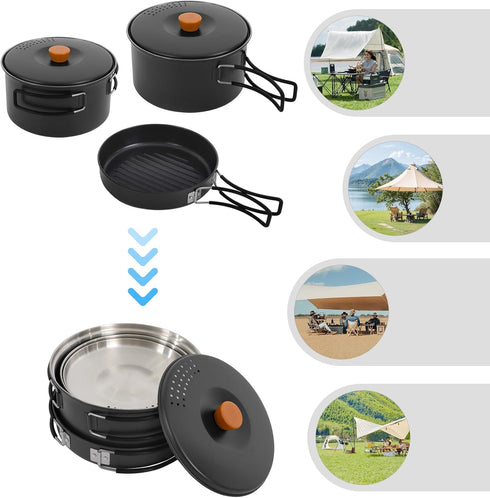 Josbuynls Set, 304 2-3 Camping Cookware Pots and Pans Stainless Stee Camping Cookware Mess Kit with Frying Pan Large