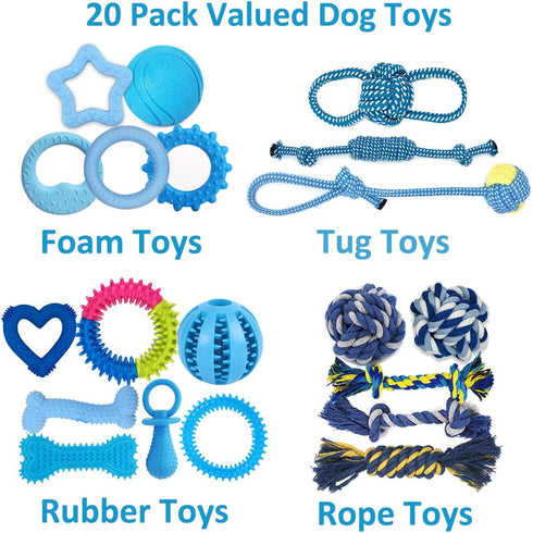 20 Pack Puppy Chew Toys - Blue Teething Toys for Puppies, Durable Ropes and Interactive Balls for Small Dogs