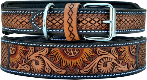 Padded Leather Dog Collar with Western Style Sun Flower Design for 10AB122-L