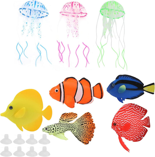 8Pcs Luminous Aquarium Decorations, Glowing Fish Artificial Aquarium Decor Floating Jellyfish Ornament
