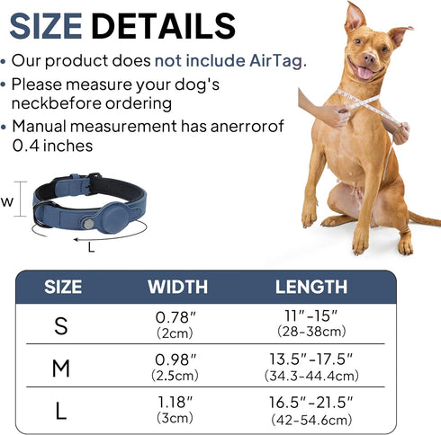 PetiFine AirTag Dog Collar, Leather Collar with Airtag Holder, Soft Padded Adjustable for Small Medium Large Dogs (L,