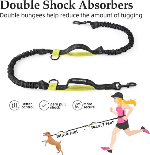Mile High Life Retractable Hands Free Dog Leash, 7FT, Waist Running Adjustable, Reflective Dual Black Bungees, for