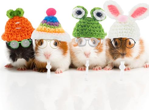 8 Pcs Hamster Hat Pet Round Costume Glasses Includes 4 Pcs Knitted Small Animals Hat with Adjustable Strap and 4 Pairs of Pet glasses for Small Animals Lizards Guinea Pig Pet Clothes Accessory