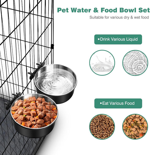 2 Pack No Spill Dog Crate Water Bowls, Hanging Stainless Steel Bowls for Pet Cage Accessories