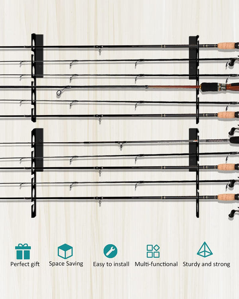 WIPHANY Wall or Ceiling Fishing Rod Racks, PVC Rubber Steel Holder Storage Hook Holds up to 12 Fishing Rods