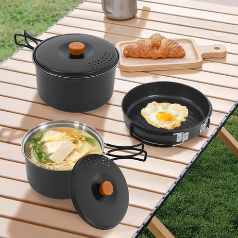Josbuynls Set, 304 2-3 Camping Cookware Pots and Pans Stainless Stee Camping Cookware Mess Kit with Frying Pan Large