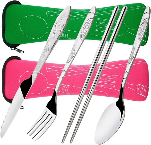 SENHAI 8 Pieces Flatware Set: Knife, Fork, Spoon, Chopsticks - Rustproof Stainless Steel Dinnerware with Case