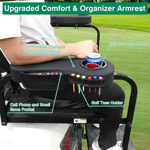 No Drilling Golf Cart Armrest with Cup Holder, Phone Bag, Fits 1" Side Square Tube for EZGO Club Car