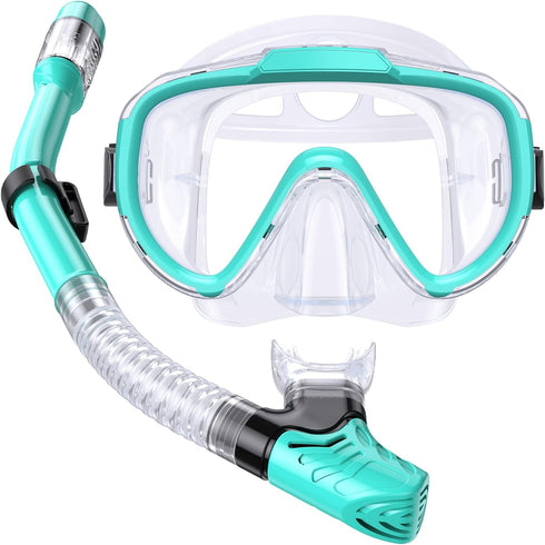 Kids Snorkel Set, Dry Top Anti-Fog Panoramic View Mask, Snorkeling Gear with Carry Bag for Youth Boys and Girls