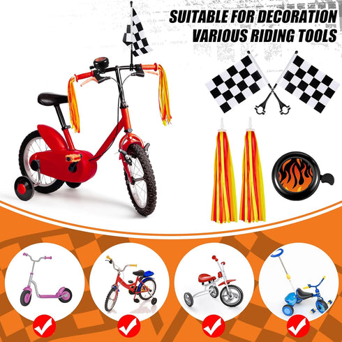 Liliful 5 Pcs Kids Bike Accessories, 2 Pcs Flame Streamers, Bike Bell, 2 Pcs Checkered Flags for Boys Girls