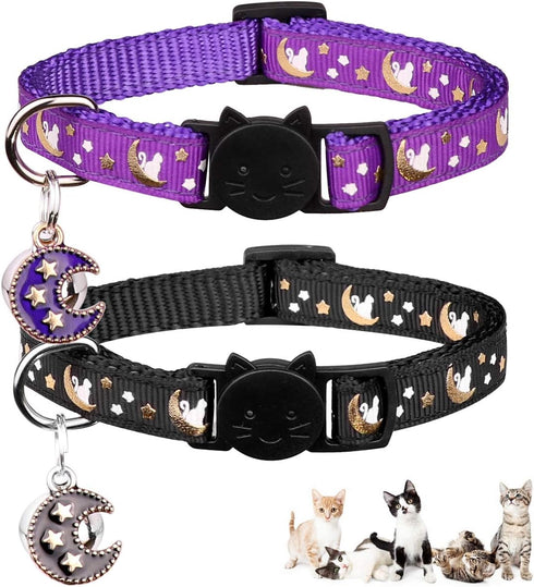 2Pcs Adjustable Breakaway Cat Collars with Bell & Pendant - Glow in The Dark, Purple + Black for Boy & Girl Cats