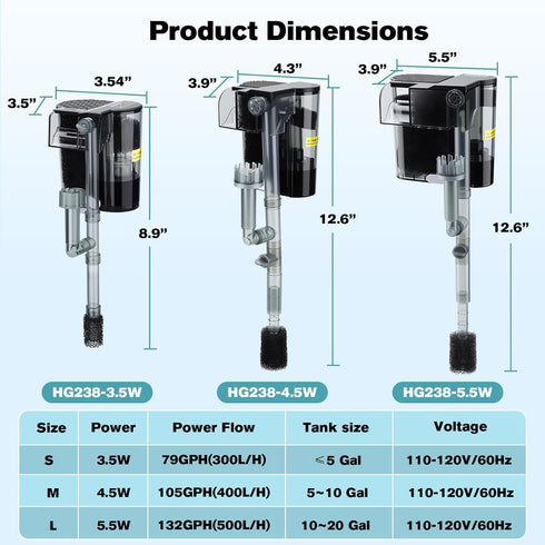 Skimmer, 10~20 hygger Hang On Back Aquarium Filter, Small Fish Tank Filter Waterfall Filtration System, Adjustable