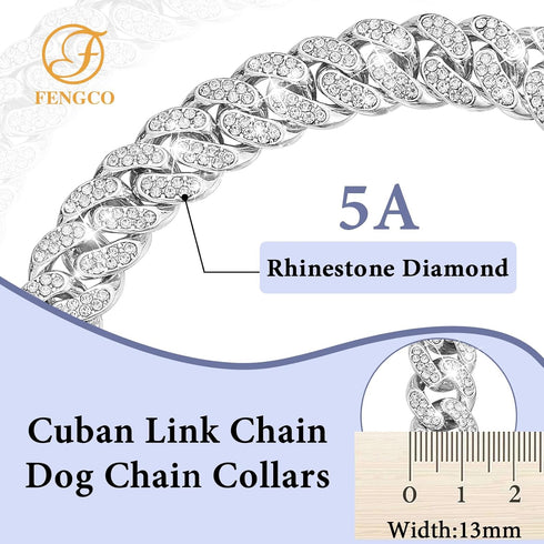 Silver Dog Chain Collar, Diamond Cuban Link, 13mm Wide, Pet Crystal Collar Jewelry for Small Medium Large Dogs (16 inch)