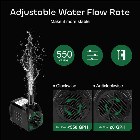 550GPH Submersible Pump by GROWNEER 30W Ultra Quiet Fountain Water Pump, 2000L/H, with 7.2ft High Lift, 3 Nozzles for