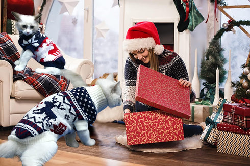 Vehomy 2Pcs Pet Puppy Christmas Sweaters, Navy Blue and Christmas White Knitwear with Reindeers Snowflakes Pattern