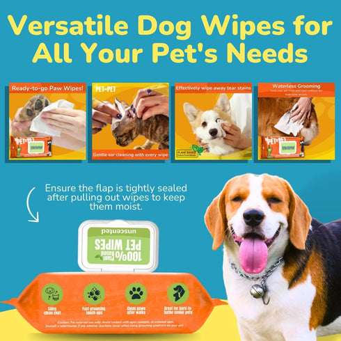 PET N PET 100% Plant Based Dog Wipes - 100 Counts Hypoallergenic Unscented Cleaning Wipes for Pets