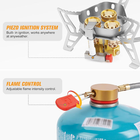 WADEO 6800W Windproof Camping Gas Stove with Piezo Ignition, 1LB Propane Tank Adapter for Outdoor Cooking and Hiking