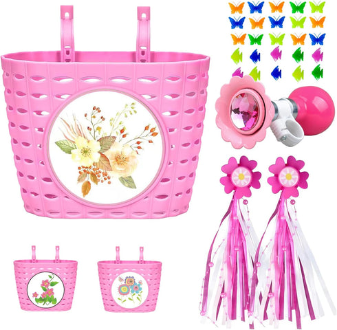 Girls Bike Basket, Front Handlebar Bicycle Basket with Bike Horn, Wheel Beads, Stickers, Streamers Kit