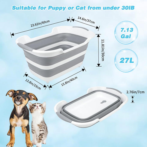 7.13 Gal/27L FHTONGE Raised Collapsible Dog Bathtub with Drain Hair Catcher, Multifunctional Pet Washtub for Small to M