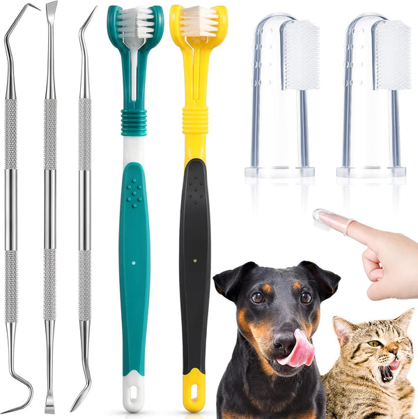 7 Pieces Dog Teeth Cleaning Kit, Includes Stainless Steel Tooth Scaler, Scraper, and 3 Head Dog Toothbrush