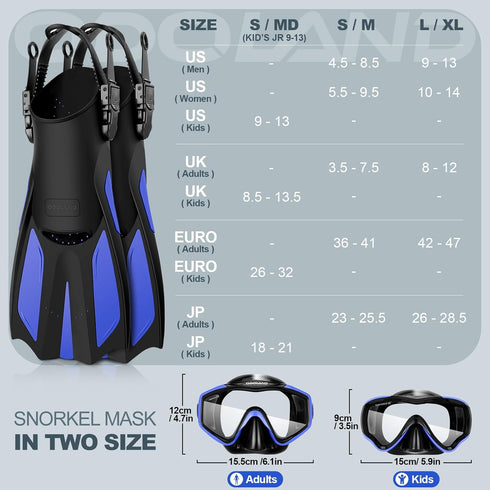 Set, Packages Odoland Snorkel Adults Snorkeling with Dry Top Diving Mask, Adjustable Swim Fins, Mesh Bag, Anti-Fog