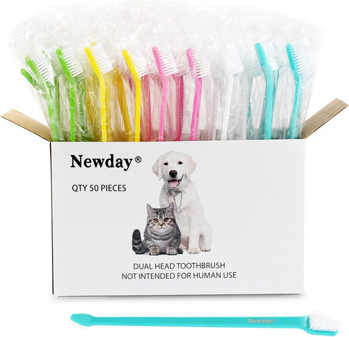 50 Pack Dual Ended Long Dog & Cat Toothbrush - Pet Safe Super Soft Bristles for Dental Care, Bulk Individual Polybag