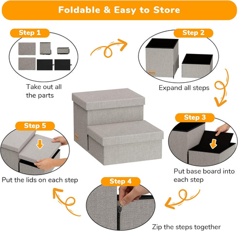 2-Step 11" 150lbs, Wide Dog Stairs with Storage H, Non-Slip Sturdy Pet Steps for Couch Chair, Dog Steps