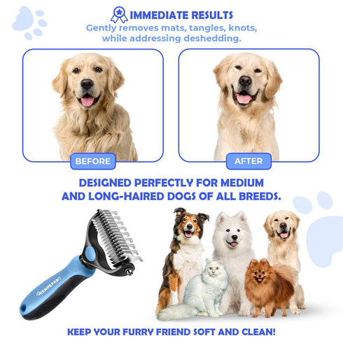 Undercoat Rake for Dogs & Cats, Dematting Comb with Double-Sided Stainless Steel Teeth for Detangling & Deshedding