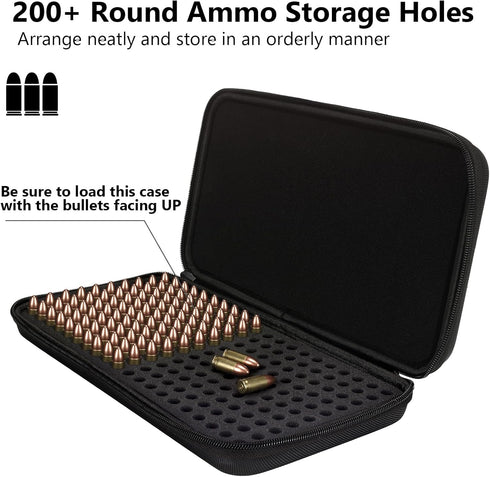 200 Round 9MM Ammo Case, Bullet Case Compatible with 9mm Luger, 9mm Parabllum, 9mm Makaro, 45 ACP, 380 ACP, 32 ACP, 30 Luger, 32 S&W, 40 S&W, Locking Travel Safe 9MM Ammo Storage Box
