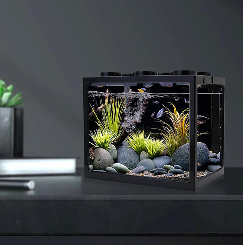 WishLotus Small Fish Tank, Durable Building Block Betta Aquarium with Detachable Exhaust Holes (Black, A)