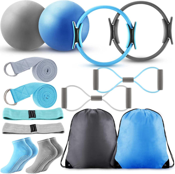 Poen 14 Pcs Pilates Ring and Ball Set for Women, Pilates Ring Circle Ball with Stretching Strap and 8 Resistance Bands