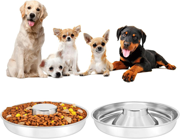 Stainless Steel Puppy Bowls 2 Pack, Slow Feeder Bowls for Small Medium Large Dogs, Cat, Pets (Large: 1.3” x 13.6”)