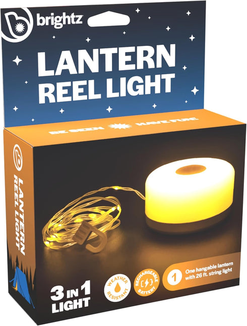 3-in-1 5 1-Hour 26ft Brightz Lantern Reel Light Rechargeable Camping Lantern & Retractable String Lights, Weather