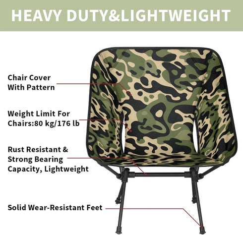 Backpacking Portable Camping Chair, Folding Chairs for Outside, Green Camouflage Lightweight Chair, Outdoor Collapsible