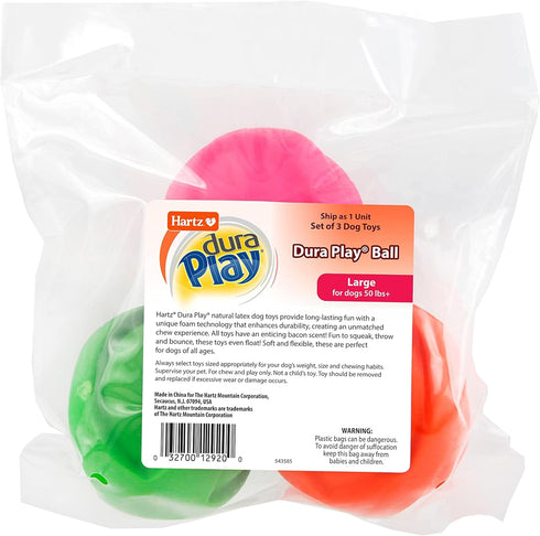 Hartz DuraPlay Ball Squeaky Latex Dog Toy, Large 3 Count Pack in Neon Green, Neon Pink & Neon Orange