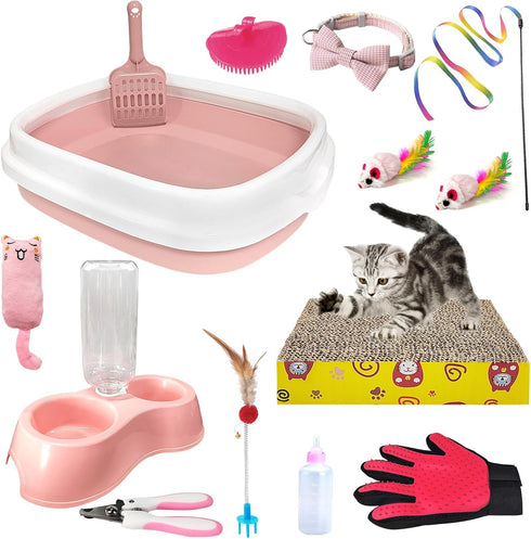Hlimior Kitten Starter Kit, 15-Piece Cat Essentials Set Includes Litter Box, Toys, Collars,