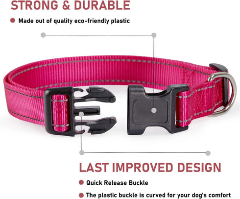Reflective Dog Collar Adjustable Safety Nylon for Small Medium Large Dogs, Pink L