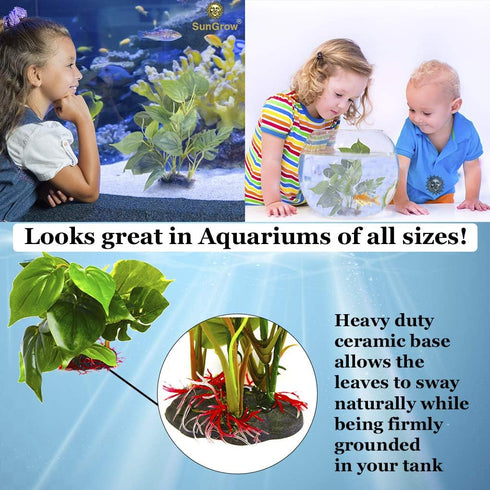 SunGrow Plastic Leaf Plant, Heavy-Duty Ceramic Base, Hiding Spot for Fish and Reptiles, 10 Inches