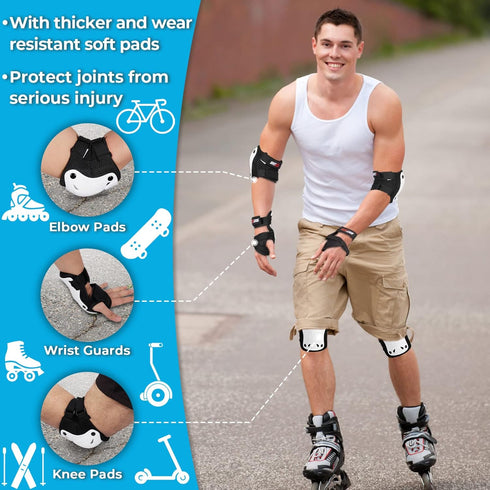 SKT HP Protective Gear for Adults, Knee Pads, Elbow Pads, Wrist Guards for Inline Skating and Biking