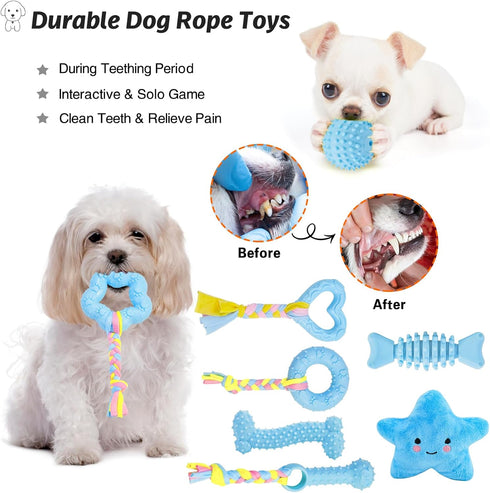 Puppy Toys, 8 Pack Teething Chew Toys Set, Cute Blue Soft Durable Interactive Toys for Small Dogs