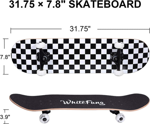 WhiteFang Complete Skateboard for Beginners, 31 x 7.88, 7 Layer Canadian Maple, Double Kick Concave