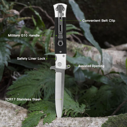GVDV Folding Pocket Knife, 7CR17 Stainless Steel EDC Knife with G10 Handle, Safety Liner Lock for Camping and Hiking
