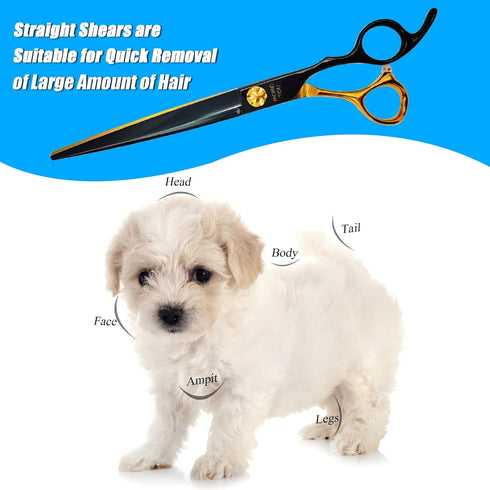 Black & Gold Professional Straight Dog Grooming Scissors, 7'' Sharp and Durable Japanese 440C Stainless Steel Pet Shears