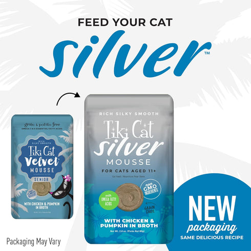 Tiki Cat Silver Mousse, Chicken & Pumpkin in Broth, Nutrient Rich for Older Cats Aged 11+, 2.9 oz. Pouch (Pack of 12)
