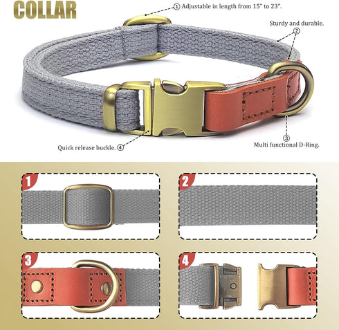 QRDA Dog Collar and Leash Set Silver Gray Adjustable Durable Nylon Pet Collars with Leashes Tactical Dog Leash Breakaway Dog Collar for Small/Medium Dog
