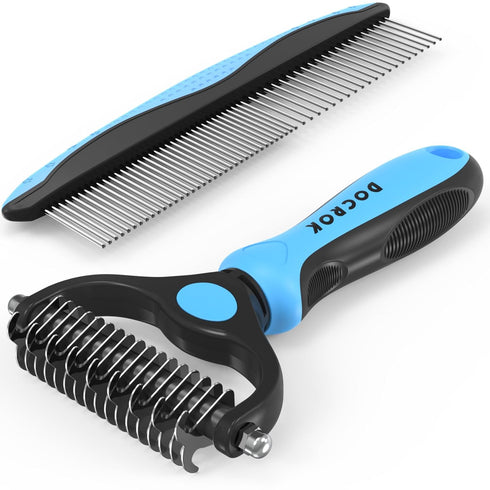 Pet Grooming Brush and Metal Comb Combo, Undercoat Rake for Dogs Grooming, Dematting Tool for Long Haired Pets (Blue)