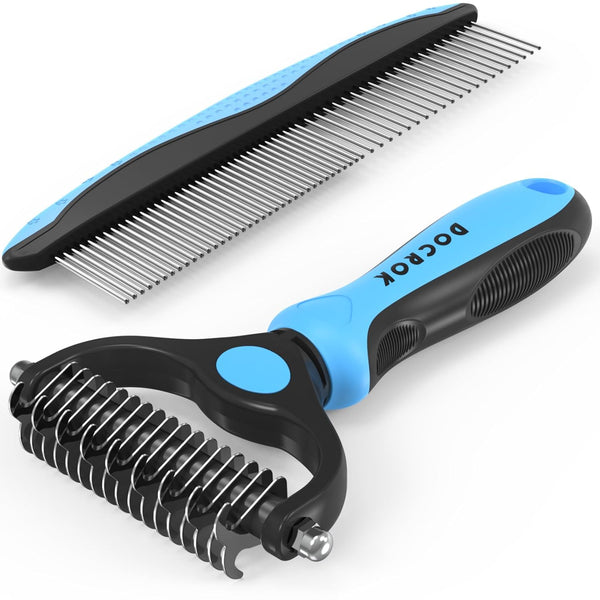 Pet Grooming Brush and Metal Comb Combo, Undercoat Rake for Dogs Grooming, Dematting Tool for Long Haired Pets (Blue)
